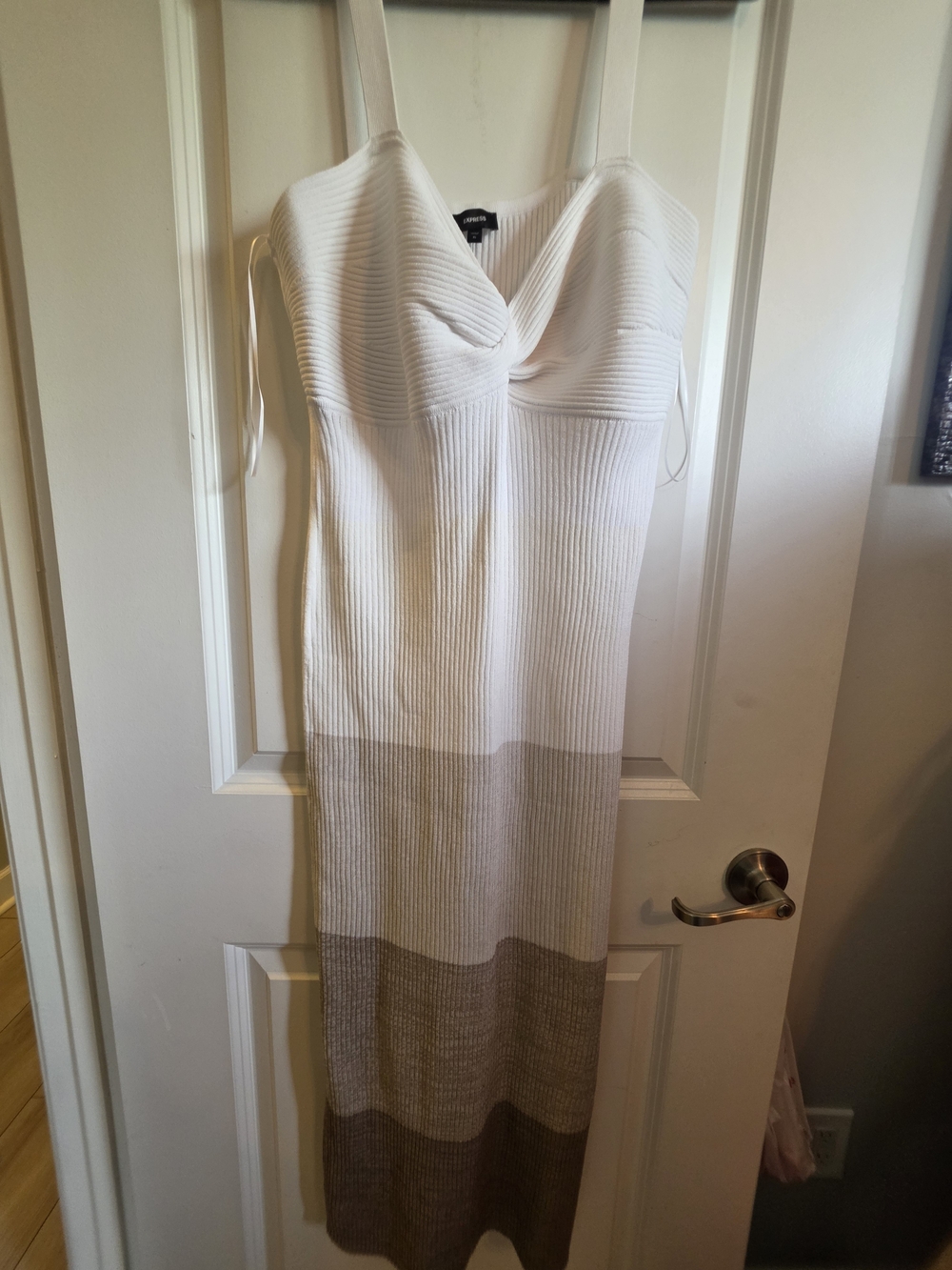 Express White and Taupe Striped Ribbed Maxi Dress